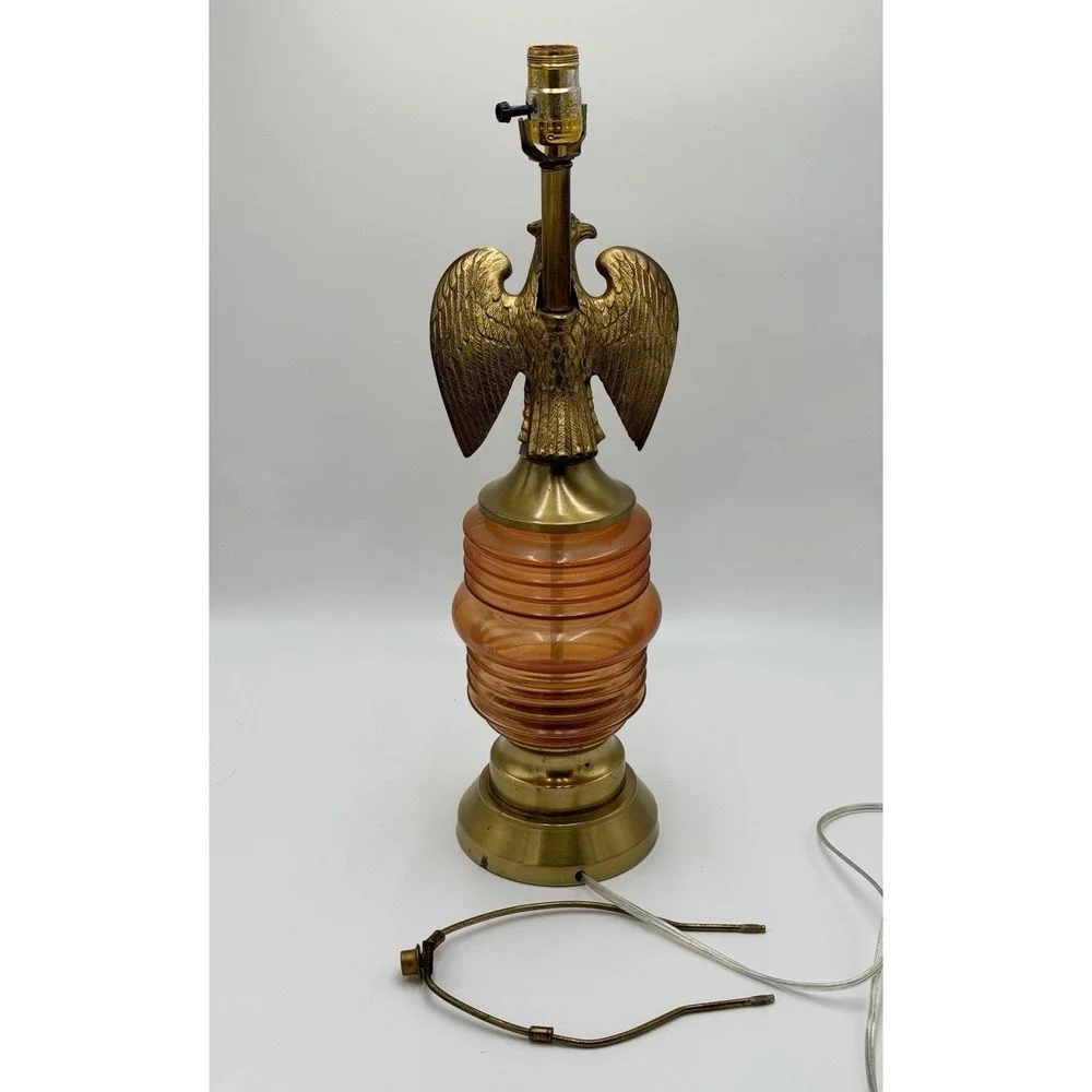 Vintage Eagle Table Lamp Amber Glass Brass Tone